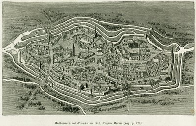 طار مولهوس في عام 1642. نقش بواسطة ماتيوس ميريان (1593-1650) لتوضيح القصة من خلال الألزاس ولورين ، بواسطة تشارلز جراد ، المستودع الألماني ، في عام 1885 ، في جولة العالم 1886 ، إخراج إدوارد شارتون (1807-1890) ، هاشيت ، باريس. بواسطة ماتيوس الأكبر (بعد) ميريان