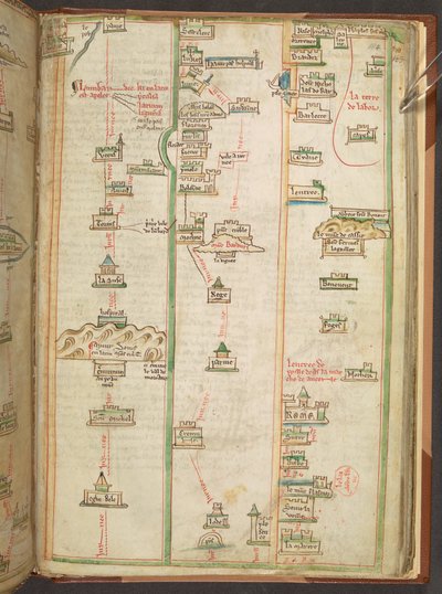 خريطة لمسار الرحلة تُظهر الطريق بين لندن ونابولي، من كتاب ماثيو باريس "Liber additamentorum بواسطة Matthew Paris