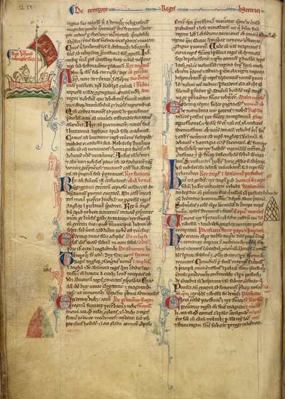 Royal 14 C. VII، f.116v رسم هامشي للملك هنري الثالث وهو يبحر عبر القناة الإنجليزية إلى بريتاني ، مع جزء من النص المصاحب بيد المؤلف ، رسم توضيحي من "هيستوريا أنجلوروم" بواسطة ماثيو باريس