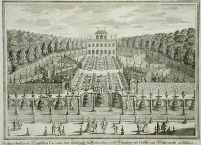 منظر لمنزل أميري بالقرب من ميونيخ ، من 'Erlustierende Augenweide in Vorsetellung Herrliche Garten' ، نقش بواسطة Karl Remshard (1678-1735) ، نُشر عام 1725 (نقش) بواسطة ماتياس (بعد) ديزل