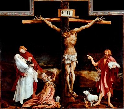 Issenheim altarpiece (أو Isenheim): لوحة مركزية تمثل الصلب - نقش "INRI" على الصليب - رسم خشبي لماتيس نيثاردت جوثاردت ديت ماتياس غرونوالد (حوالي 1480-1528) 1512-1516 Dim 269x307 سم كولمار ، متحف Unterlinden بواسطة ماتياس (1480 1528) جرونوالد