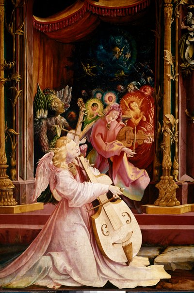 Altarpiece of Issenheim (أو Isenheim): “La Nativite” تفاصيل الحفلة الموسيقية لموسيقي الملائكة. الملاك في الوسط يعزف على فيولا غامبا. لوحات لماتيس نيثاردت جوثاردت ديت ماتياس جرونوالد (1480-1528) (كل شيء) 1512-1516 Dim. 265x304 سم Col بواسطة ماتياس (1480 1528) جرونوالد