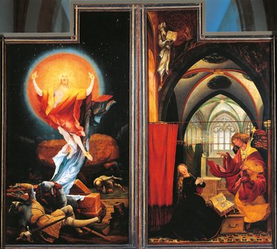 بشارة وقيامة المسيح ، تفاصيل من Isenheim Altarpiece ، حوالي 1512-16 (زيت على لوح) بواسطة ماتياس (1480 1528) جرونوالد