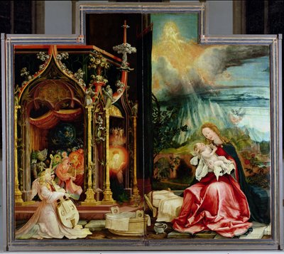 Isenheim Altarpiece. اللوحة المركزية: حفل الملائكة والميلاد ، 1506-1515 بواسطة ماتياس جرونوالد