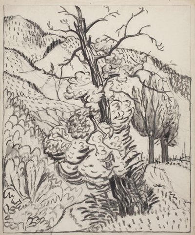 شجرة على سفح جبل، حوالي عام 1930 (فرشاة وحبر وفحم على ورق نسج أبيض مصفر) بواسطة مود هانت سكواير