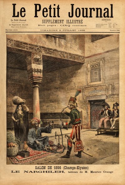 أثناء الحملة الفرنسية على مصر ، استجوب جندي مواطنًا من السكان الأصليين حول النرجيلة (أو النرجيلة) ، بناءً على لوحة لموريس أورانج ، عُرضت في صالون عام 1896. نقش في "" مجلة Le Petit "" 5/07/1896. سيلفا ج بواسطة موريس هنري (بعد) أورانج