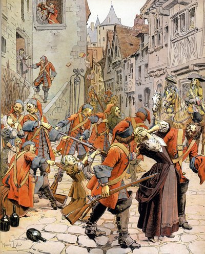 ليه دراجوناديس (1681-1685): تشتيت عائلة بروتستانتية على يد قوات التنانين المكلفة بتحويل البروتستانت. اللوني في "" Le Roy Soleil "(لويس الرابع عشر) بقلم غوستاف توتويلف ، رسم لموريس ليلوار (1853-1940) بواسطة موريس ليلوار