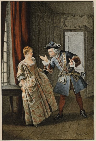 مانون وشقيقها - في "تاريخ مانون ليسكا وشوفالييه دي جريوكس" للكاتب الفرنسي لاب بريفوست (1697-1763). نقش بعد رسومات موريس ليلوار (1885). بواسطة موريس ليلوار