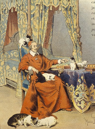 يلعب الكاردينال مع قططه التي أحبها بشكل خاص - في "Richelieu" لموريس ليلوار ، ديب. القرن ال 20 بواسطة موريس ليلوار