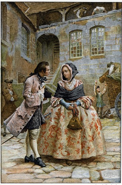 اللقاء الأول - في "تاريخ مانون ليسكوت وشوفالييه دي جريوكس" للكاتب الفرنسي لاب بريفوست (1697-1763). نقش بعد رسومات موريس ليلوار (1885). بواسطة موريس ليلوار