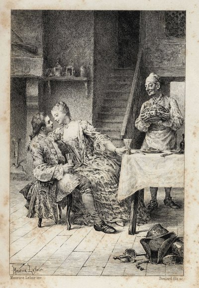 في "تاريخ مانون ليسكا وشوفالييه دي جريوكس" للكاتب الفرنسي لاب بريفوست (1697-1763). نقش بعد رسومات موريس ليلوار (1885). بواسطة موريس ليلوار