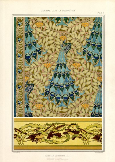 الطاووس والسمك في زخرفة فن الآرت نوفو (ليثو) بواسطة موريس بيلارد فيرنويل