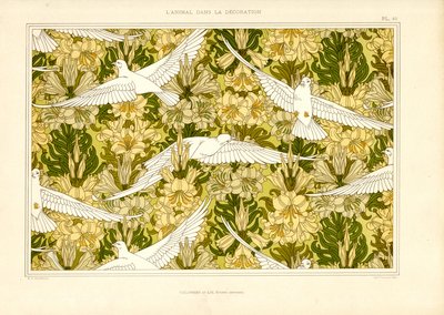 نمط نسيج مع حمامات بيضاء وزنابق (ليثو) بواسطة موريس بيلارد فيرنويل