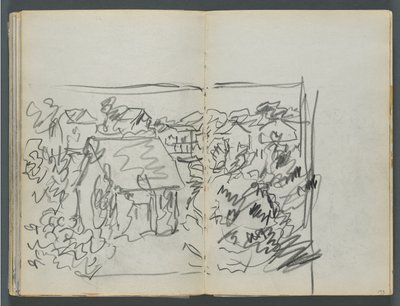 كراسة الرسم، الديلز، رقم 127، الصفحة 154 و155: منظر طبيعي مع منازل بواسطة موريس بريندرغاست