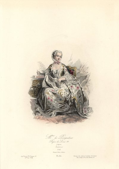 كانت جان أنطوانيت بواسون، مدام دي بومبادور (1721-1764) العشيقة الرئيسية للملك لويس الخامس عشر. نقش يدوي من الفولاذ الملون لبوليدور بوكيه بعد موريس كوينتين دي لا تور (1748-1765) من كتاب الأخوين بوكيه "الأزياء والأزياء التاريخية" (تاريخي بواسطة جولة موريس كوينتين دي لا (بعد)
