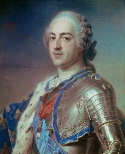 صورة لويس الخامس عشر (1710 - 1774) مرتديًا دروعًا ، مع حبال وسام الروح القدس والصوف الذهبي. الباستيل لموريس كوينتين ديلاتور المعروف باسم كوينتين دي لا تور أو كوينتين دي لاتور (1704-1788) بواسطة موريس كوينتين دي لا تور