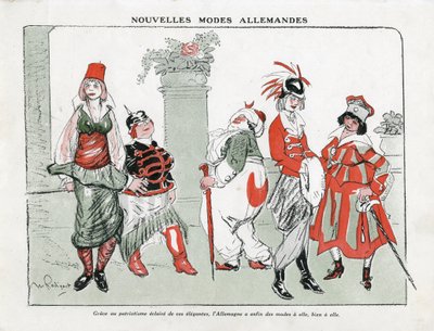 رسم توضيحي لموريس راديجيه (1866-1941) في Mode في ألمانيا ، كاليفورنيا. 1915 - أوضاع ألمانية جديدة - حرب 14-18 ، ألمانيا بروسيا ، تركيا ، أزياء ، ثلاثية - نساء بواسطة موريس راديجيت