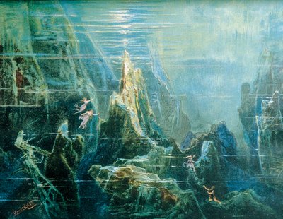 Germany, Bayreuth, Set design for performance The Ring of the Nibelung - The Rhinegold by Richard Wagner, the Rhine daughters بواسطة ماكس بروكنر