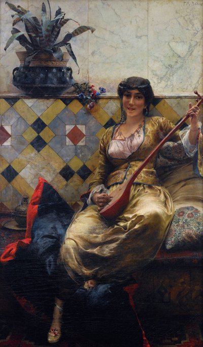 "Serenade au harem" (Serenade in the Harem) Peinture de Ferdinand Max Bredt (1860-1921) - ألوان زيتية على قماش خافت 85x52 سم مجموعة خاصة بواسطة ماكس فرديناند بريدت