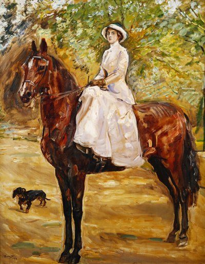 امرأة بيضاء ترتدي حصانًا ؛ سيدة في ثوب ركوب الخيل الأبيض على ظهور الخيل ، 1910 بواسطة ماكس Slevogt