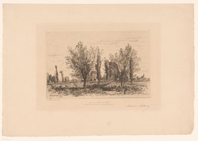 منظر طبيعي مع مرج وإطلالة على مدينة Dans les Champs de Cénon. (العنوان على الكائن) بواسطة ماكسيم فرانسوا أنطوان لالان (توقيع الفنان)