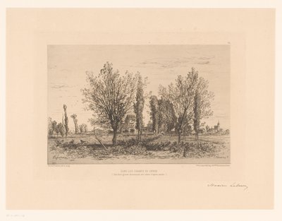 منظر طبيعي مع مرج وإطلالة على مدينة Dans les Champs de Cénon. (العنوان على العنصر) بواسطة ماكسيم فرانسوا أنطوان لالان (توقيع الفنان)