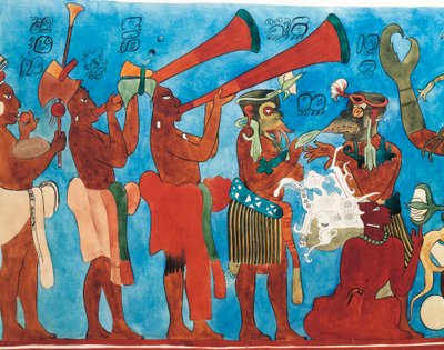 استنساخ اللوحات الجدارية Bonampak ، التفاصيل مع موسيقيين من المكسيك ، تشياباس ، بونامباك (في الهواء الطلق) بواسطة المايا