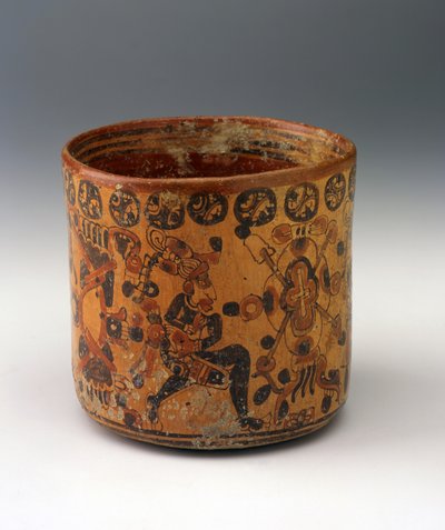 مزهرية أسطوانية ، c.650-850 (سيراميك باللون الأحمر والأسود على الطلاء البرتقالي) بواسطة المايا المايا