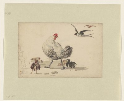 طائر السنونو والدجاجة بأربعة فراخ بواسطة Melchior d'Hondecoeter