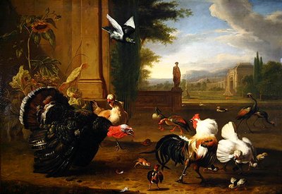 ديك رومي وكوكريل وطيور غريبة أخرى في حديقة (زيت على قماش) بواسطة Melchior de Hondecoeter