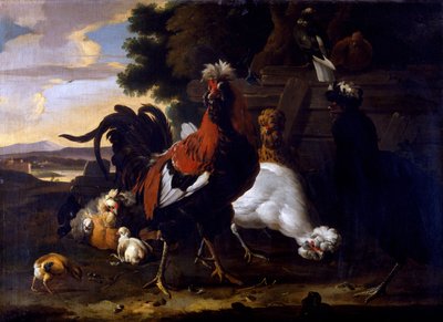 Cockerel ، الدجاج والفراخ بجانب السياج في المناظر الطبيعية المشجرة بواسطة Melchior de Hondecoeter
