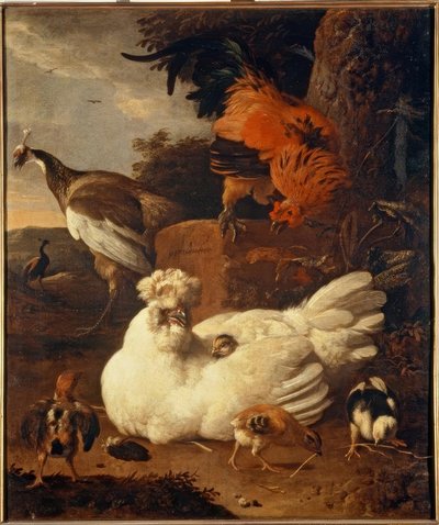M. de Hondecoeter ، الدجاجة الأم مع الدجاج بواسطة Melchior de Hondecoeter