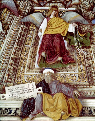 تمثيل باروخ (باروخ بن نيريا) تلميذ إرميا وملاك فريسكو بواسطة ميلوزو دا فورلي (Melozzo degli Ambrosi) (1438-1494) قبة خزينة القديس مارك (ماركو) ، ملاذ سانتا كاسا ، لوريتو بواسطة Melozzo da Forli