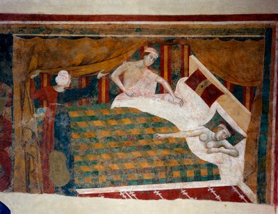 مشهد من الحياة الزوجية في العصور الوسطى. رجل ينضم إلى زوجته نائمة عارية في السرير. التفاصيل. (جدارية ، أوائل القرن الرابع عشر) بواسطة Memmo di Filippuccio