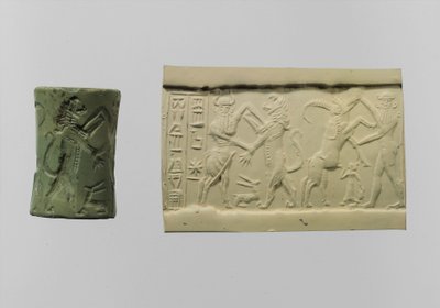 ختم أسطوانة القتال ذو الانطباع الحديث c.2250-2150 قبل الميلاد (ألبايت) بواسطة بلاد ما بين النهرين