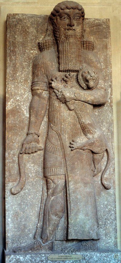 Mesopotamia: “” Statue of Sargon mastering a lion””” said “” Gilgamesh”” Court Khorsabad (Khunsabad) 8th century. Paris, Louvre Museum بواسطة بلاد ما بين النهرين