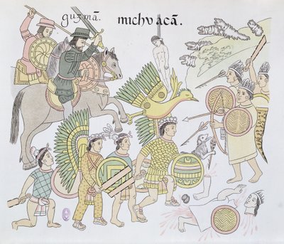 معركة ميتشواكان بين الإسبان والأزتيك ، رسم توضيحي من فاكس لتاريخ صور مكسيكي هندي Lienzo de Tlaxcala من c.1550 ، 1892 بواسطة المدرسة المكسيكية