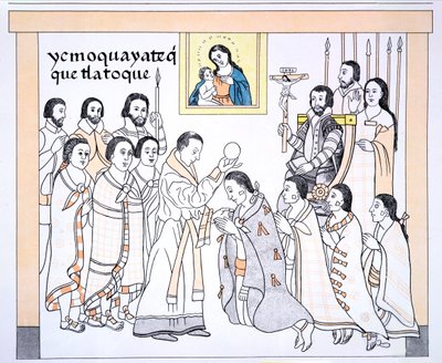 تلقت Caciques شركة بالتواصل من كاهن في منزل Hernando Cortes (1485-1547) ، التوضيح من فاكس من تاريخ مكسيكي هندي صور Lienzo de Tlaxcala من c.1550 ، 1892 (مضاءة بالألوان بواسطة المدرسة المكسيكية