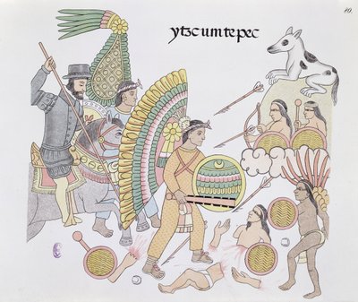 قرر هيرناندو كورتيس (1485-1547) ، تحت الحصار في Tenochtitlan ، مغادرة المدينة ، التوضيح من فاكس من تاريخ صورة مكسيكي هندي Lienzo de Tlaxcala من c.1550 ، 1892 (لون ليثو بواسطة المدرسة المكسيكية