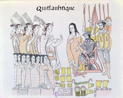 La Malinche (Dona Marina) يعمل كمترجم أثناء تقديم النساء والذهب من قبل مونتيزوما (1466-1520) إلى هيرناندو كورتيس (1485-1547) ، توضيح من فاكس من صورة هندية مكسيكية بواسطة المدرسة المكسيكية