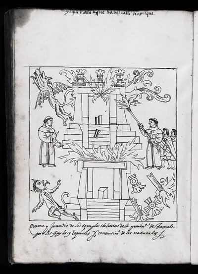 MS Hunter 242 f.240v حرق المعابد ، تلاكسكالا ، رسم توضيحي من "هيستوريا دي تلاكسكالا" بواسطة دييغو مونوز كامارغو (قلم وحبر على ورق) بواسطة المدرسة المكسيكية
