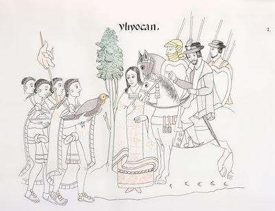 اجتماع هيرناندو كورتيس (1485-1547) والأزتيك ، رسم توضيحي من فاكس من تاريخ صورة مكسيكي هندي Lienzo de Tlaxcala من c.1550 ، 1892 بواسطة المدرسة المكسيكية