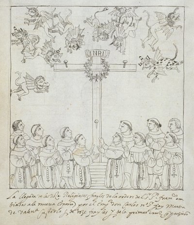 السيدة Hunter 242 f.239v تركيب الصليب الأول ، من هيستوريا دي تلاكسكالا بقلم دييغو مونوز كامارجو بواسطة المدرسة المكسيكية