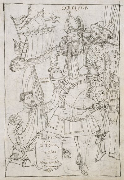 السيدة Hunter 242 f.249r Christopher Columbus (1451-1506) تقدم بشكل رمزي العالم الجديد إلى Charles V (1500-08) ، من Historia de Tlaxcala بواسطة Diego Munoz Camargo بواسطة المدرسة المكسيكية