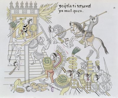 حرق الأصنام بقلم هيرنان كورتس ، رسم توضيحي من فاكس من تاريخ صورة مكسيكي هندي Lienzo de Tlaxcala من c.1550 ، 1892 (نقش الألوان) بواسطة المدرسة المكسيكية