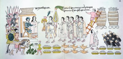 يقدم زعيم Tlaxcalan ، Maxixcatzin ، باقة من الورود والهدايا الأخرى إلى Hernando Cortes (1485-1547) كرموز ترحيب ، التوضيح من فاكس من تاريخ صورة مكسيكي هندي بواسطة المدرسة المكسيكية