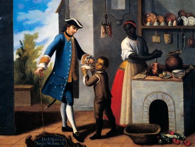 White Spanish man, Black woman and mixed race son (mulatto), Painting on theme of miscegenation بواسطة المدرسة المكسيكية