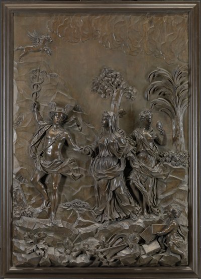 إغاثة ستو: عطارد يجري الشعر المأساوي والكوميدي إلى تل بارناسوس ، حوالي 1740 (خشب الجير البرونزي) بواسطة مايكل (Attr.to) تشوك