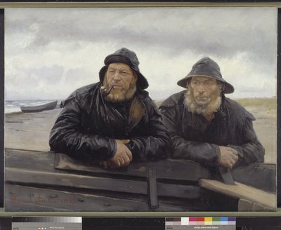 صيادان بجانب زورق بواسطة Michael Ancher