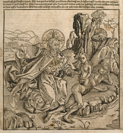 الله الأب يخلق حواء من ضلع آدم ، توضيح من "ليبر كرونيكاروم" بقلم هارتمان شيدل (1440-1514) نشر في نورمبرغ ، 1493 بواسطة مايكل و Pleydenwurff ، Wolgemuth